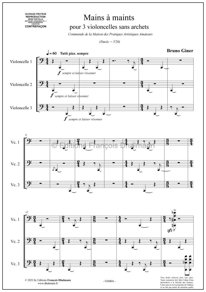 Mains à maints - Bruno Giner - Partition - Violoncelle