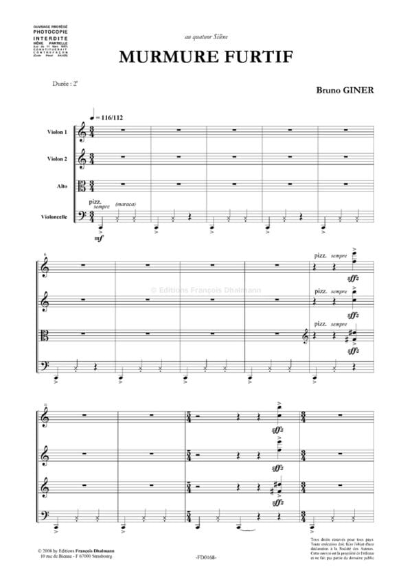 Murmure furtif - Quatuor à cordes - Bruno Giner - Partition