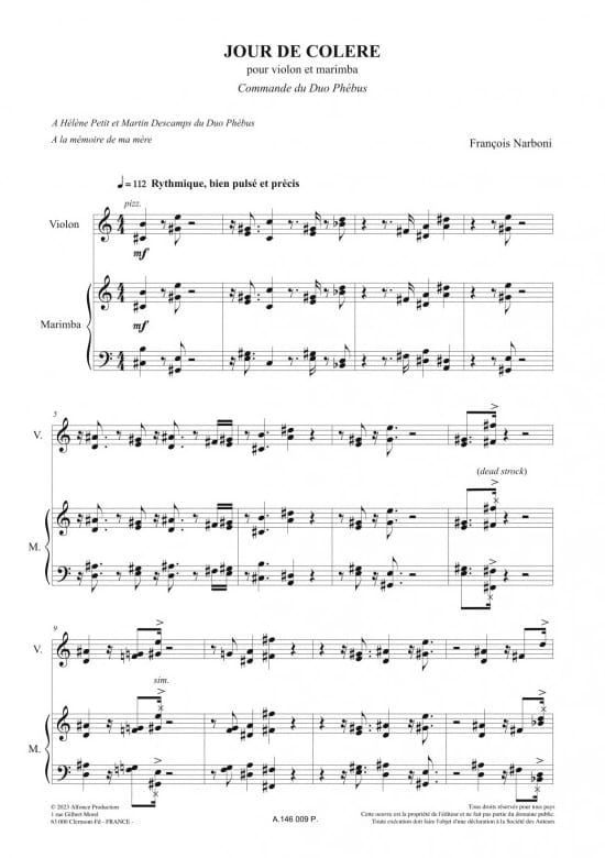Jour de colère - François Narboni - Partition - Marimba