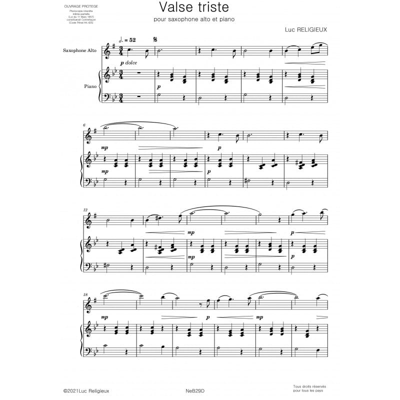 Valse triste - Luc Religieux - Partition - Saxophone