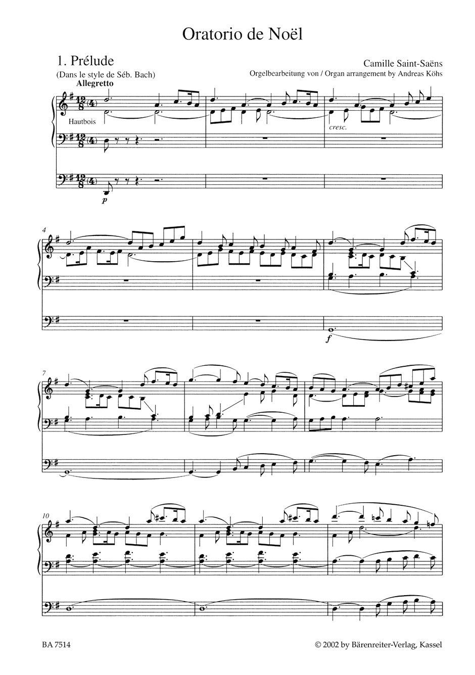 Oratorio de Noël Opus 12. Choeur Orgue - SAINT-SAËNS - Partition