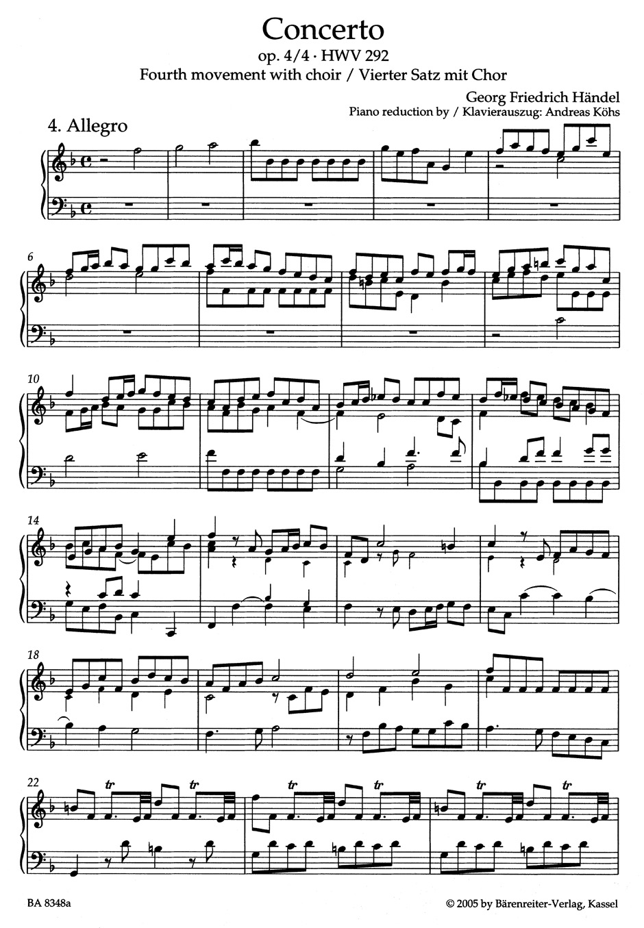 Concerto En Fa Majeur HWV 292. 4ème Mouvement - HAENDEL - Partition