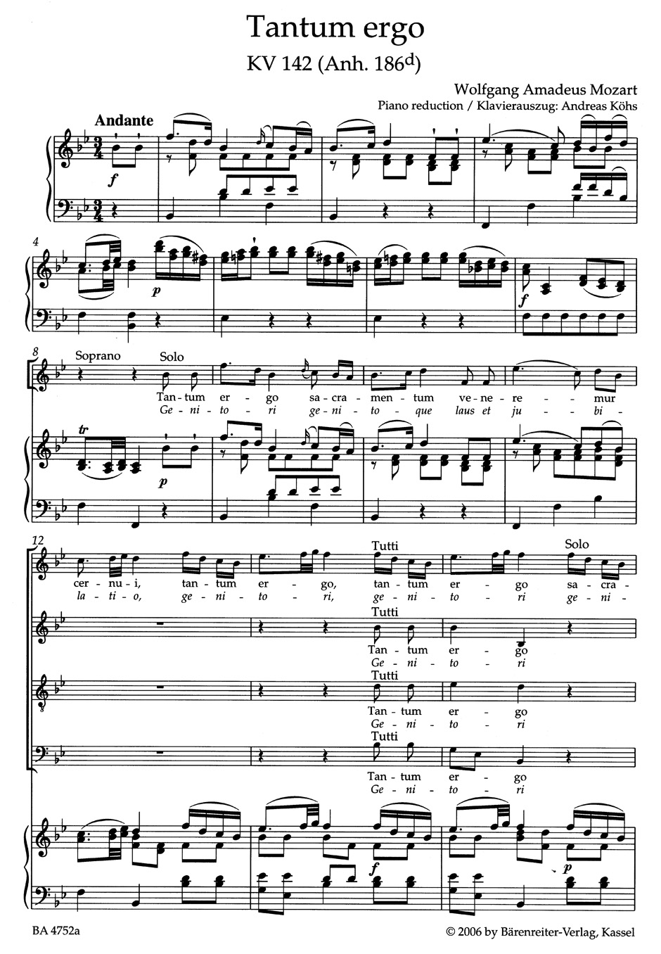 Tantum Ergo - KV 142 - MOZART - Partition - Chœur