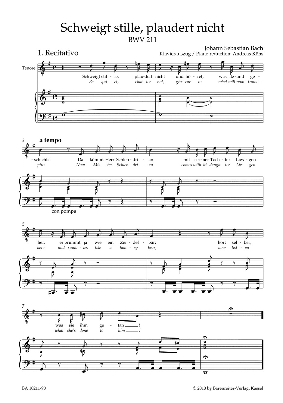 Cantate 211 Schweigt Stile, Plaudert Nicht - BACH - Partition - Chœur