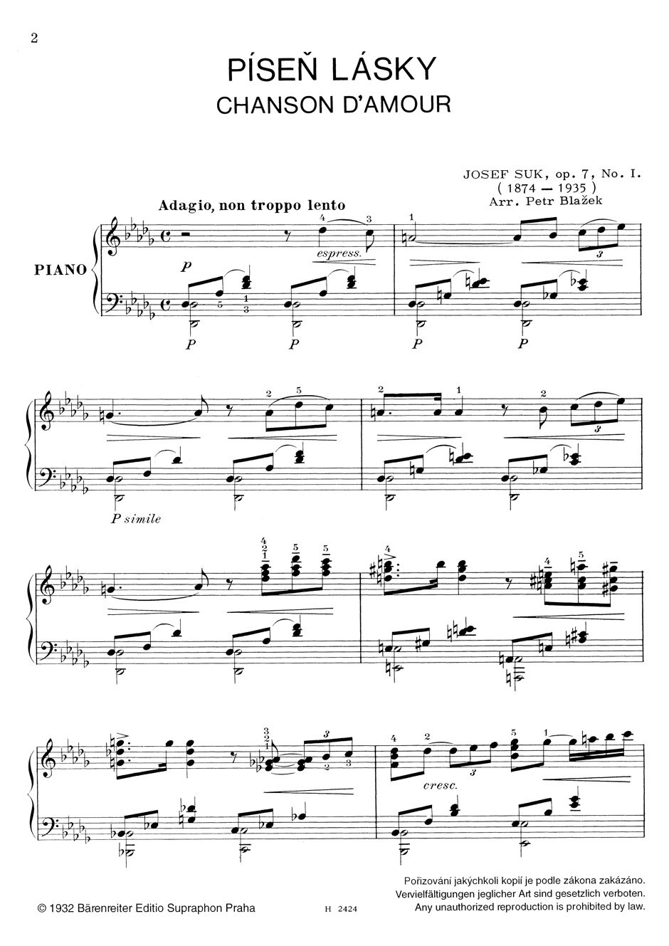 Pisen Lasky Op. 7-1 - Josef Suk - Partition - Piano