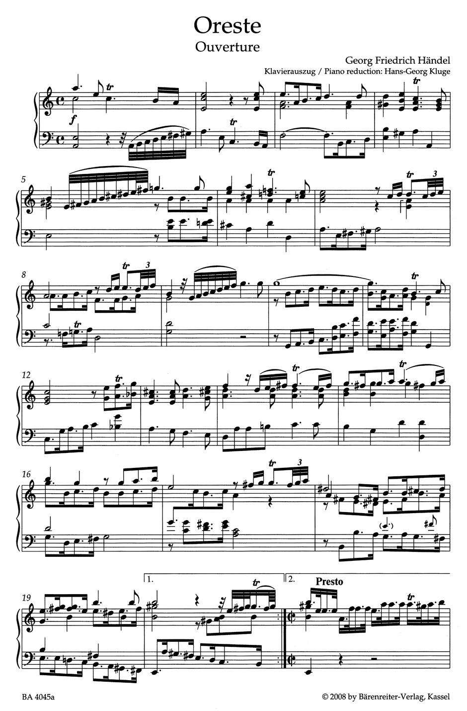 Oreste. HWV A11 - HAENDEL - Partition - Opéras
