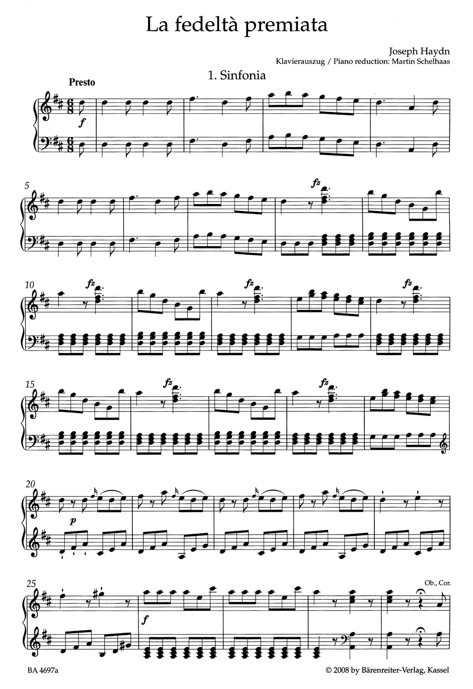 La Fedelta Premiata Hob 28-10 - HAYDN - Partition - Opéras