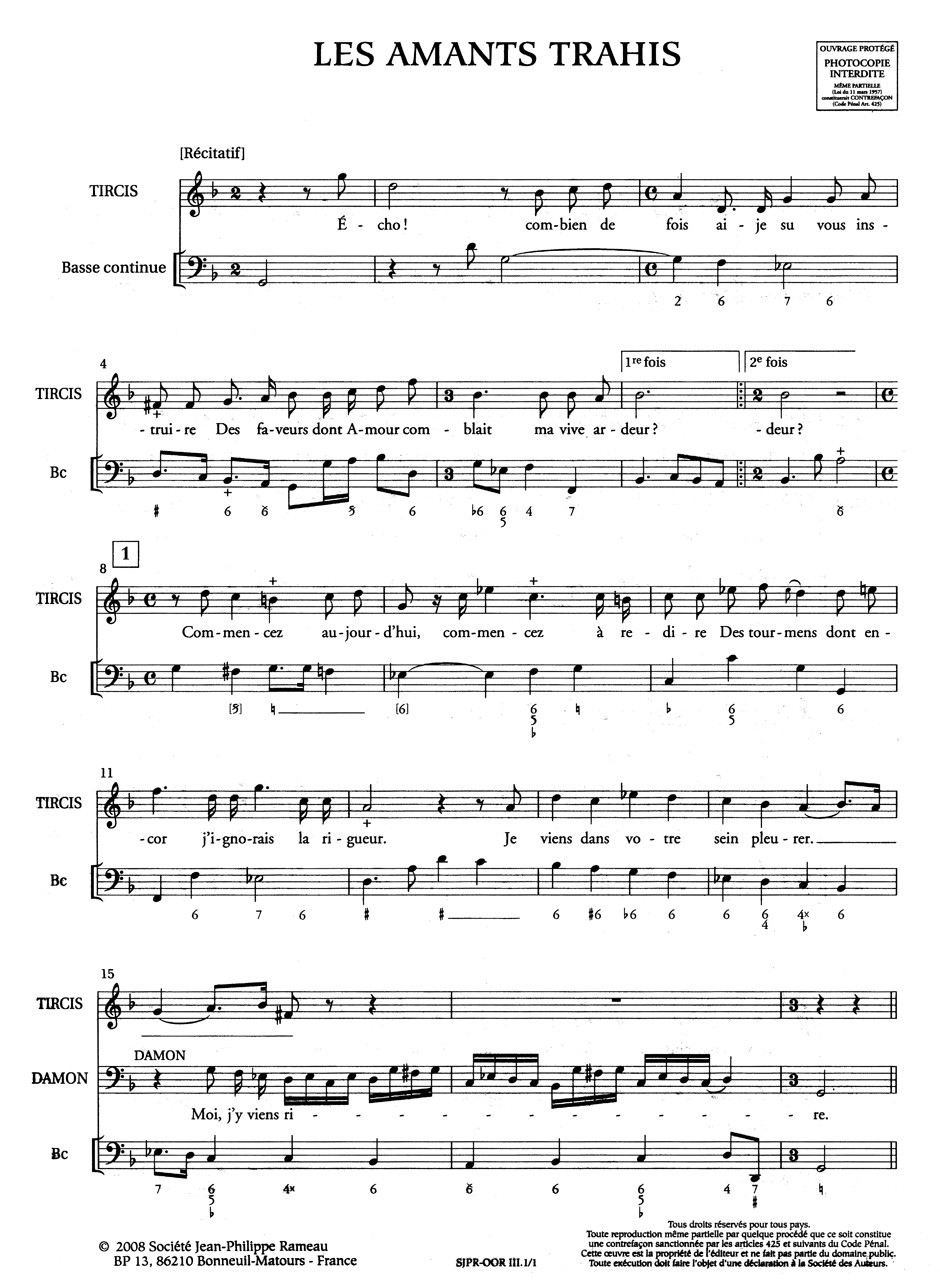 Cantates et Airs pour voix de basse en Duos. - RAMEAU - Partition