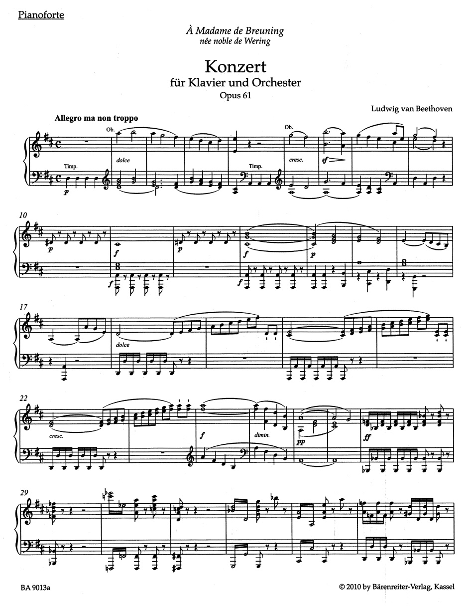 Concerto Pour piano Op. 61 En ré majeur - BEETHOVEN - Partition