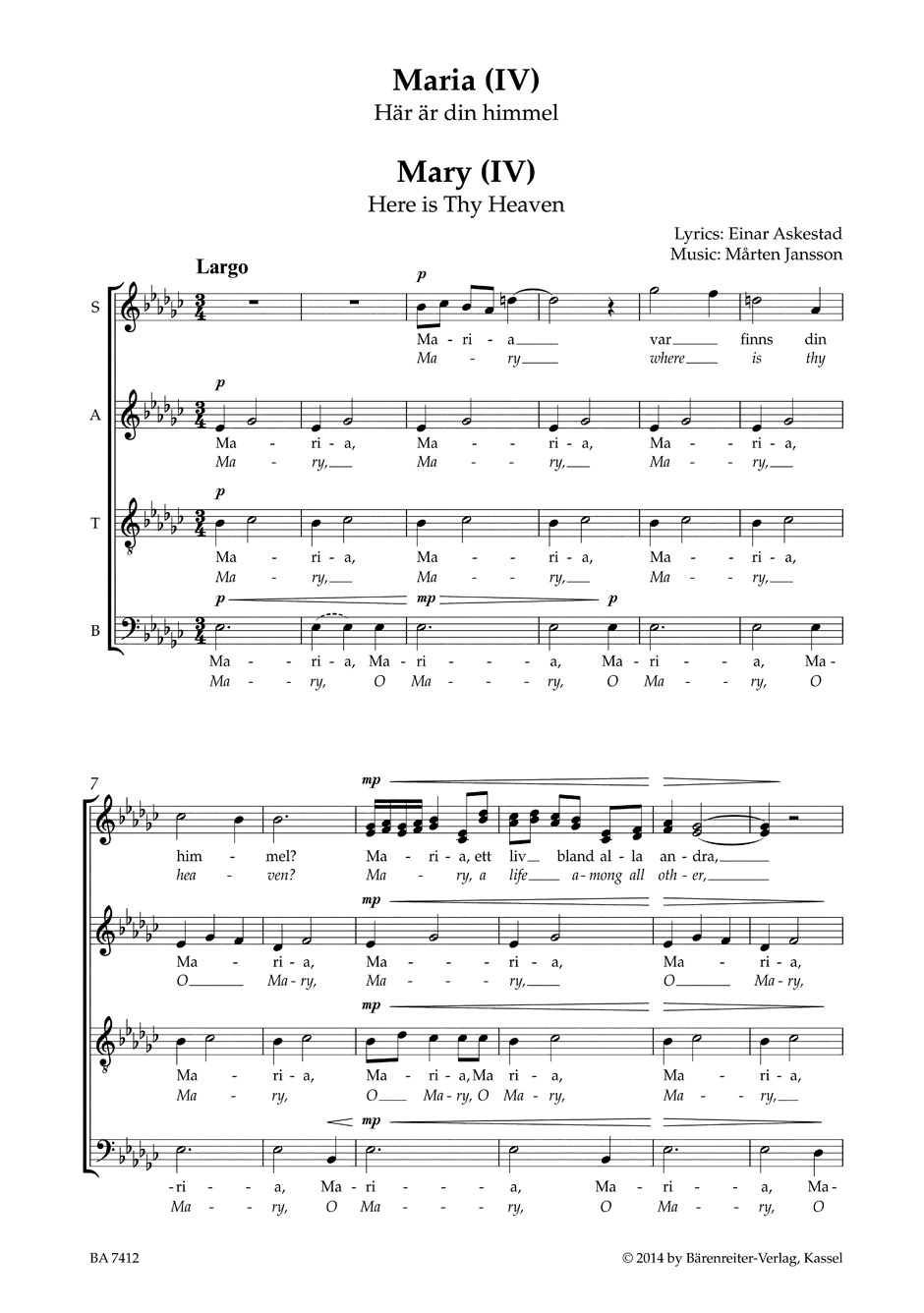 Maria IV - Marten Jansson - Partition - Chœur