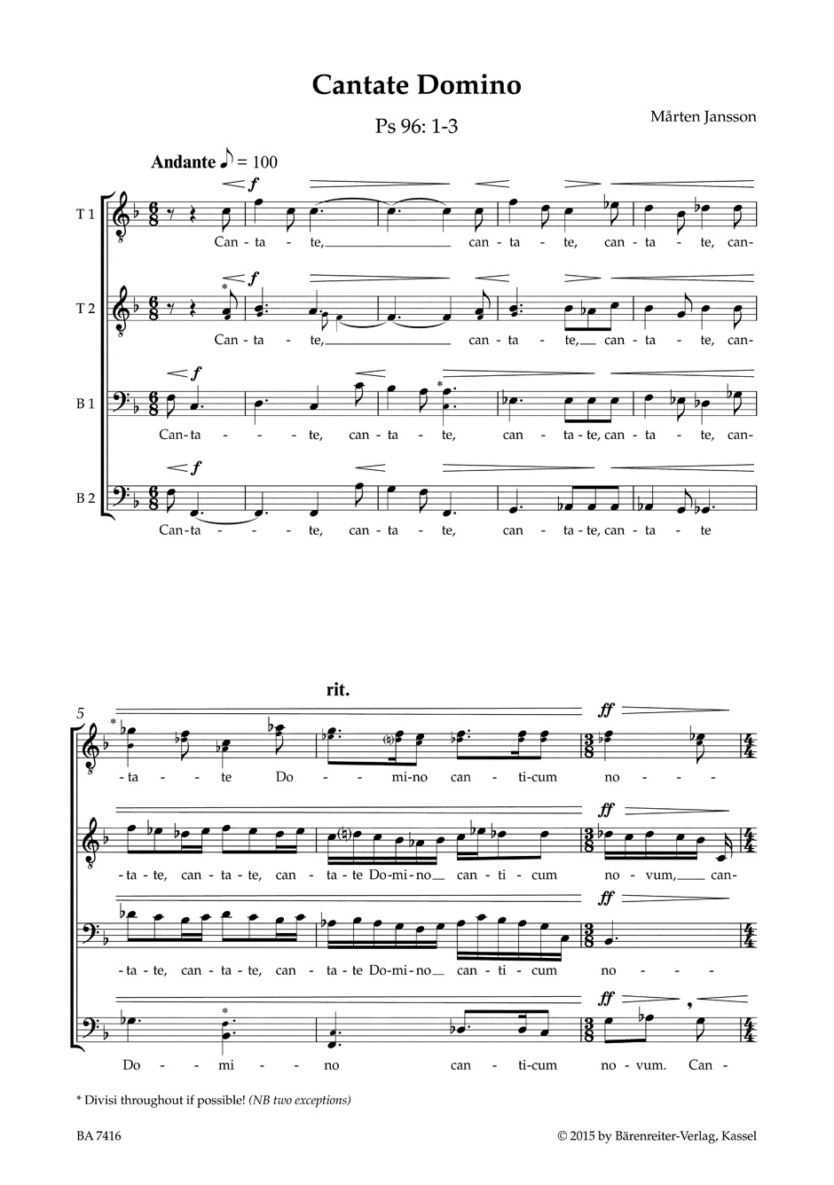 Cantate domino - Marten Jansson - Partition - Chœur