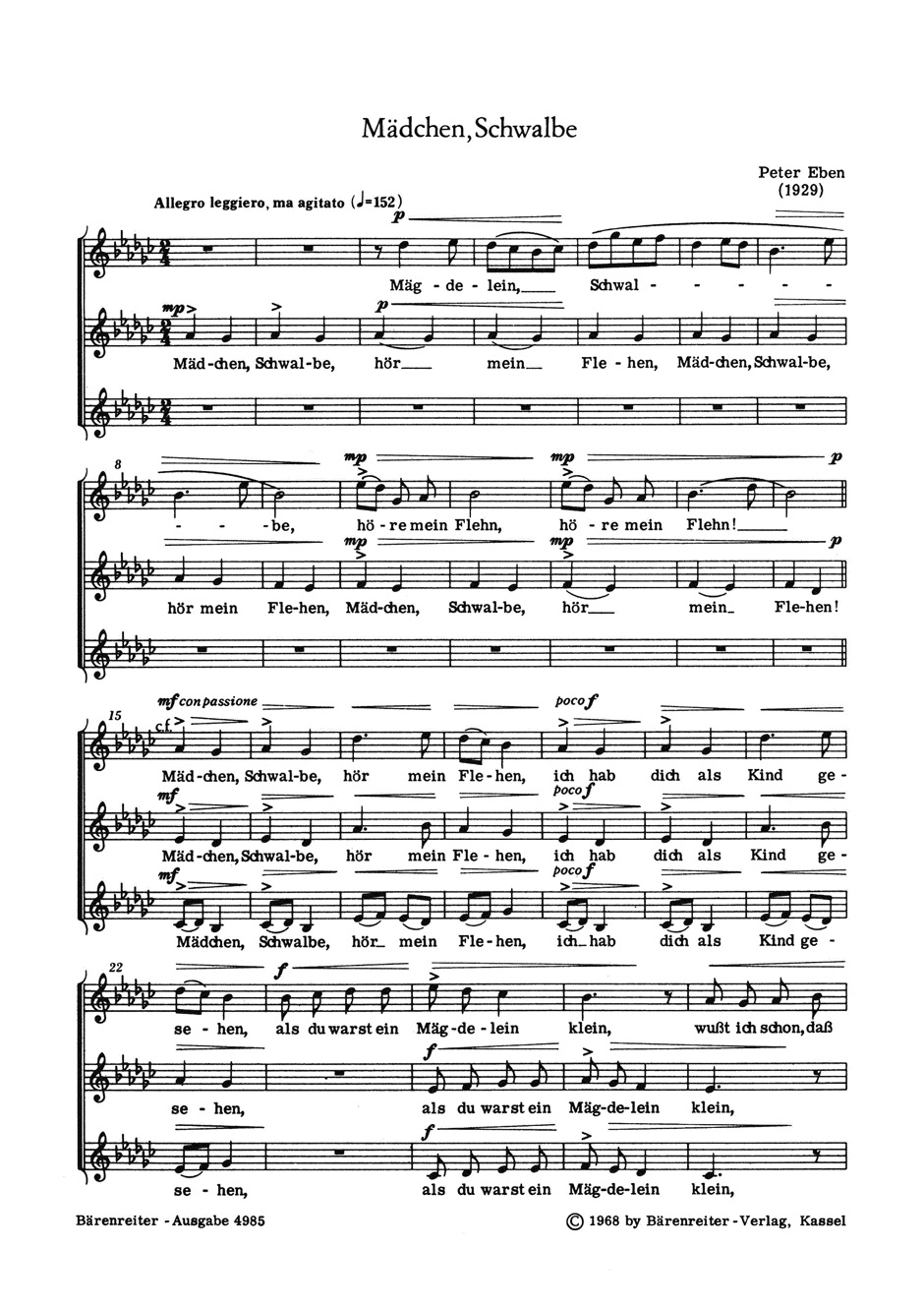 Von Schwalben Und Mädchen. - Petr Eben - Partition - Chœur