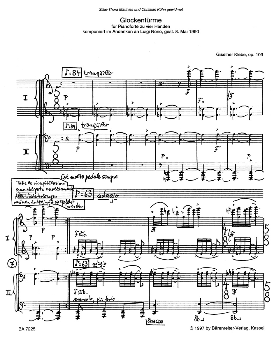 Glockentürme Op. 103. 4 Mains - Giselher Klebe - Partition - Piano