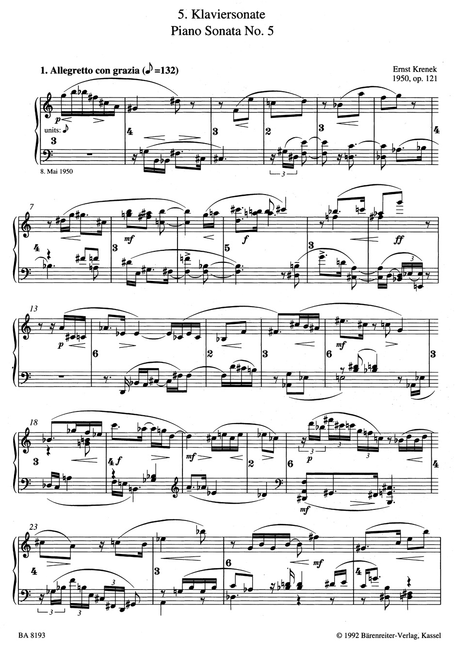 5ème Klaviersonate Op. 121 1950 - Ernst Krenek - Partition - Piano