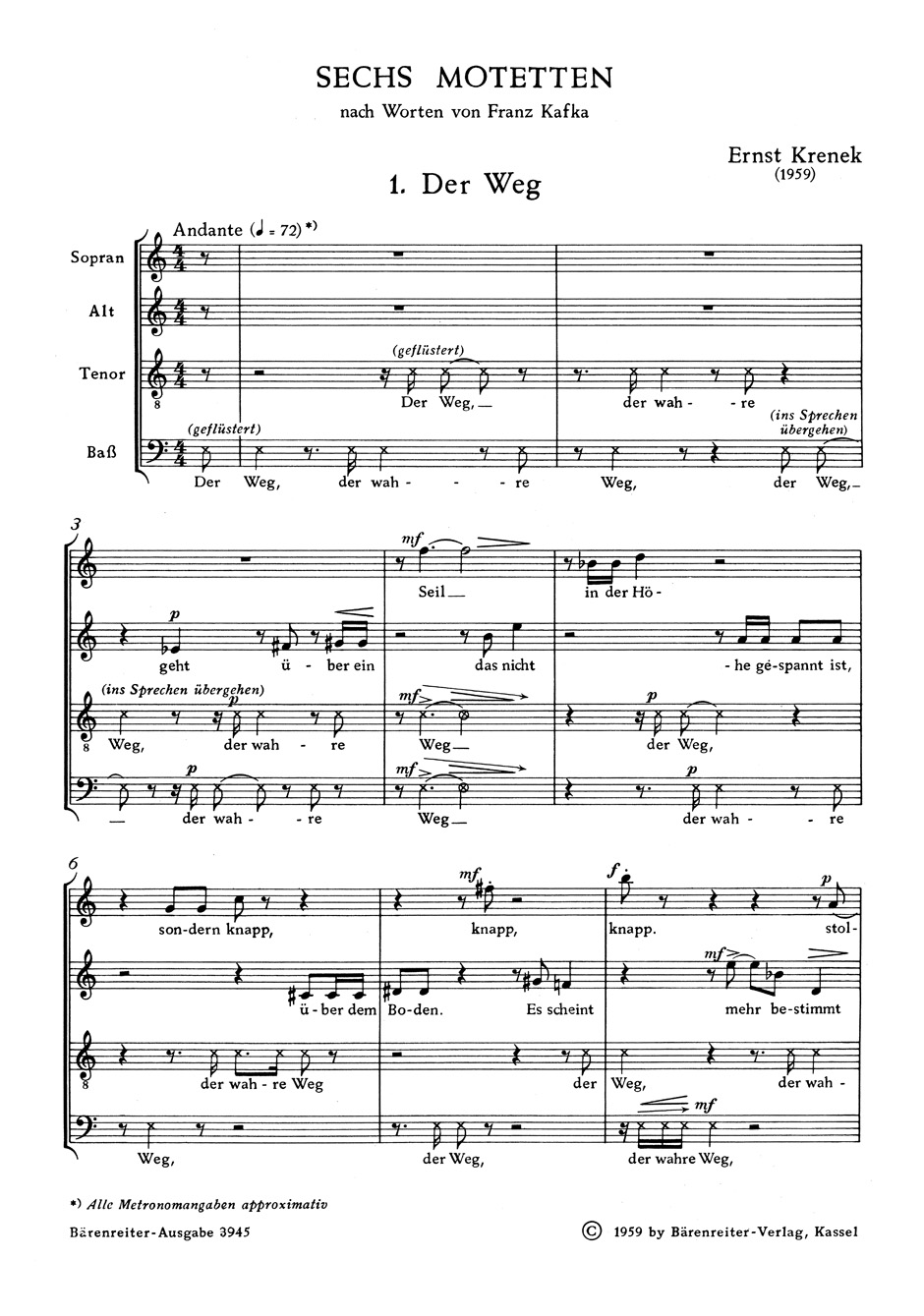 Sechs Motetten nach Worten von Franz Kafka 1959 - Ernst Krenek