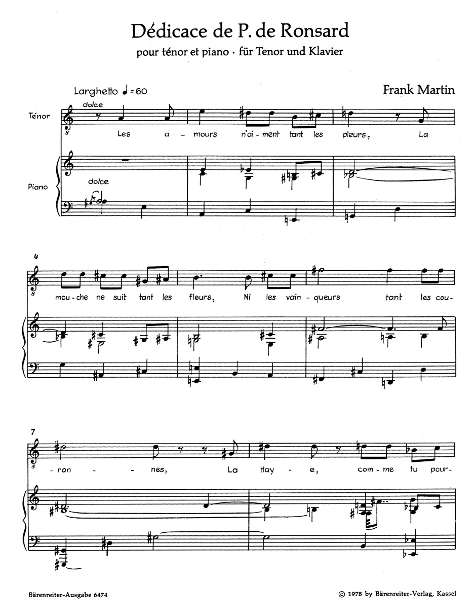 Dédicace de Pierre de Ronsard 1945. - Frank Martin - Partition