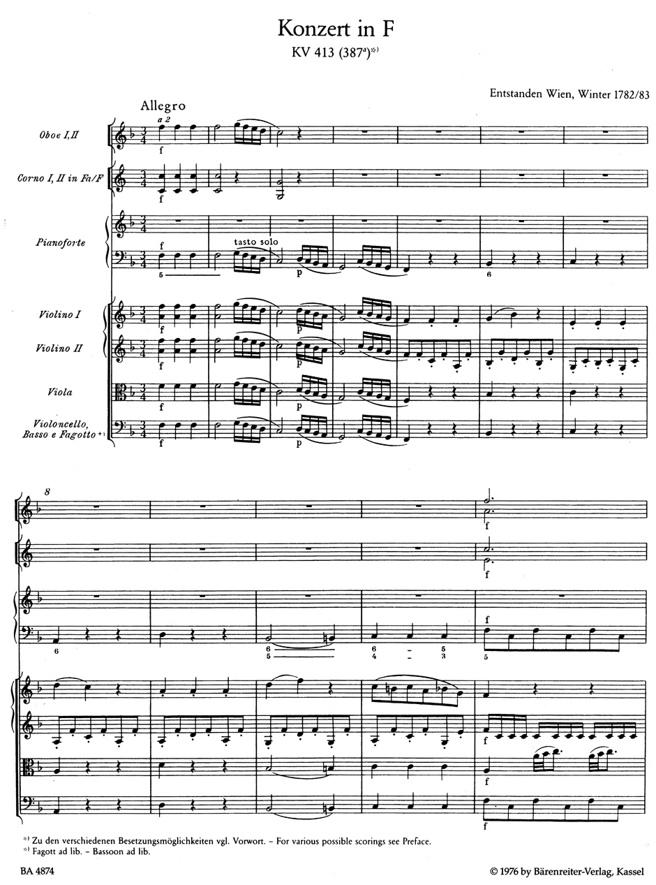 Concerto Pour Piano N° 11 En Fa Majeur KV 413 - MOZART - Partition
