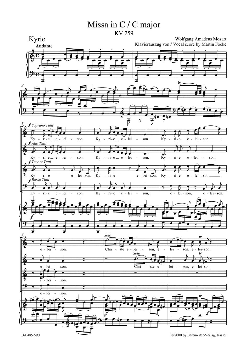 Missa Brevis Orgelsolo-Messe. Do Majeur. KV 259 - MOZART - Partition