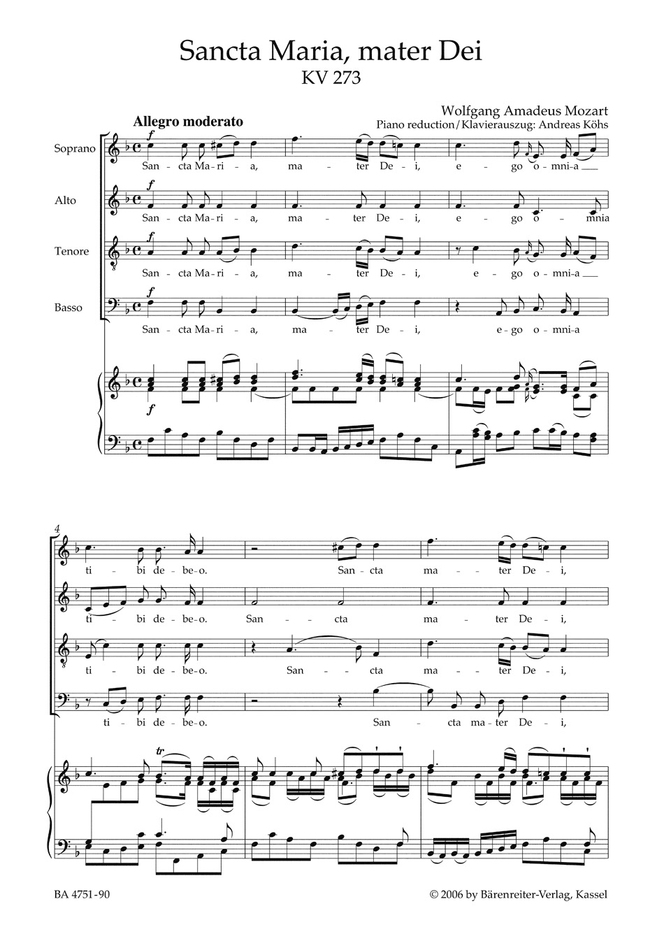 Sancta Maria, Mater Dei KV 273 - MOZART - Partition - Chœur