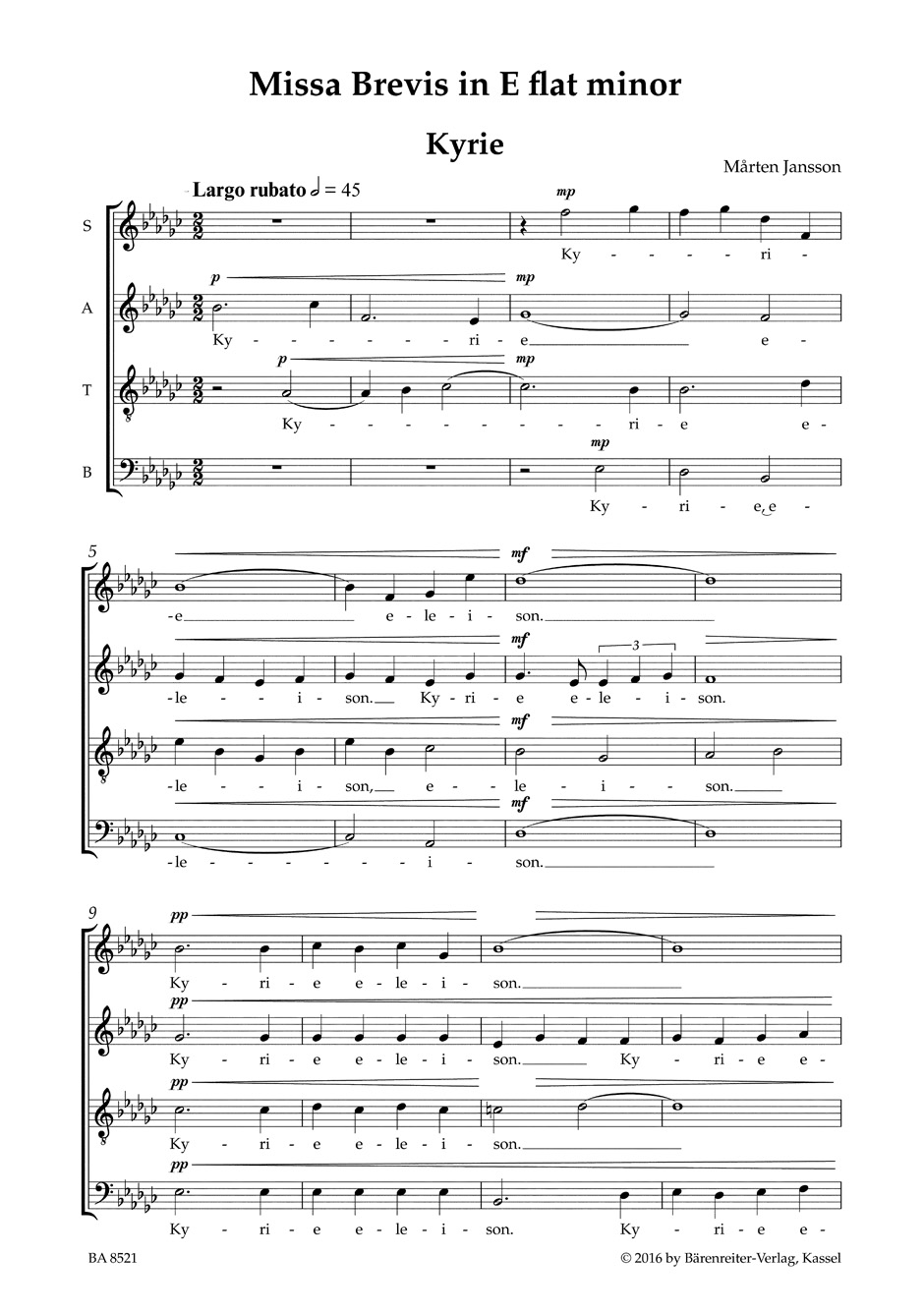 Missa Brevis en Mi bémol Mineur - Marten Jansson - Partition - Chœur