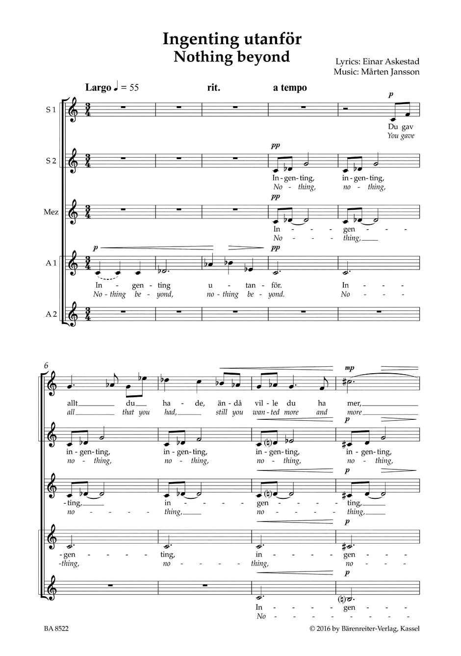 Ingenting Utanför - Marten Jansson - Partition - Chœur