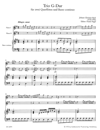 Trio G-Dur - 2 Flöten Bc - Johann Christian Bach - Partition - Trios