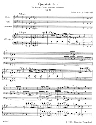 Quatuor en sol mineur KV 478 - parties instrumentales - MOZART