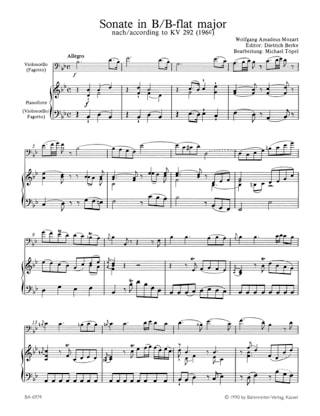 Sonate In B-Dur Kv 292 196c - MOZART - Partition - Violoncelle