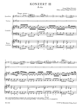 Concerto en La Majeur pour flute et clavecin - TELEMANN - Partition