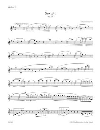 Sextuor à Cordes Opus 36 en Sol Majeur - BRAHMS - Partition - Sextuors