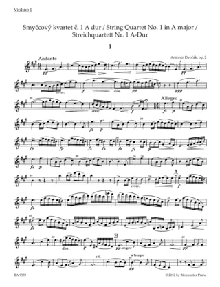 Quatuor A Cordes N°1 en la Majeur Op. 2 - DVORAK - Partition