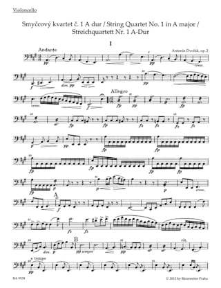 Quatuor A Cordes N°1 en la Majeur Op. 2 - DVORAK - Partition