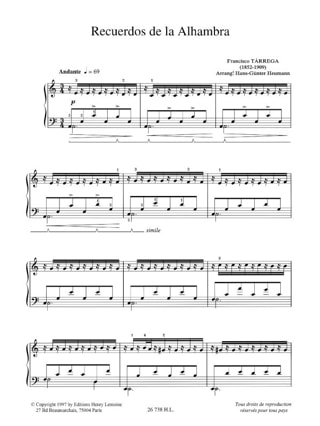 Recuerdos de la Alhambra - TARREGA - Partition - Piano