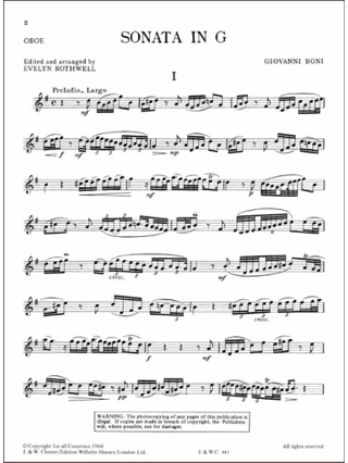 Sonata in G - Oboe piano - Giovanni Boni - Partition - Hautbois