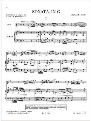 Sonata in G - Oboe piano - Giovanni Boni - Partition - Hautbois