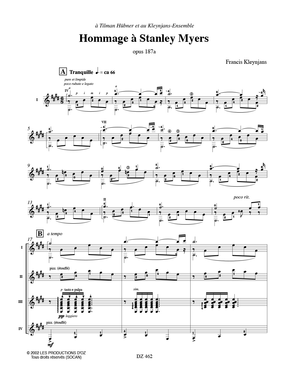Hommage à Stanley Myers op 187a - Francis Kleynjans - Partition
