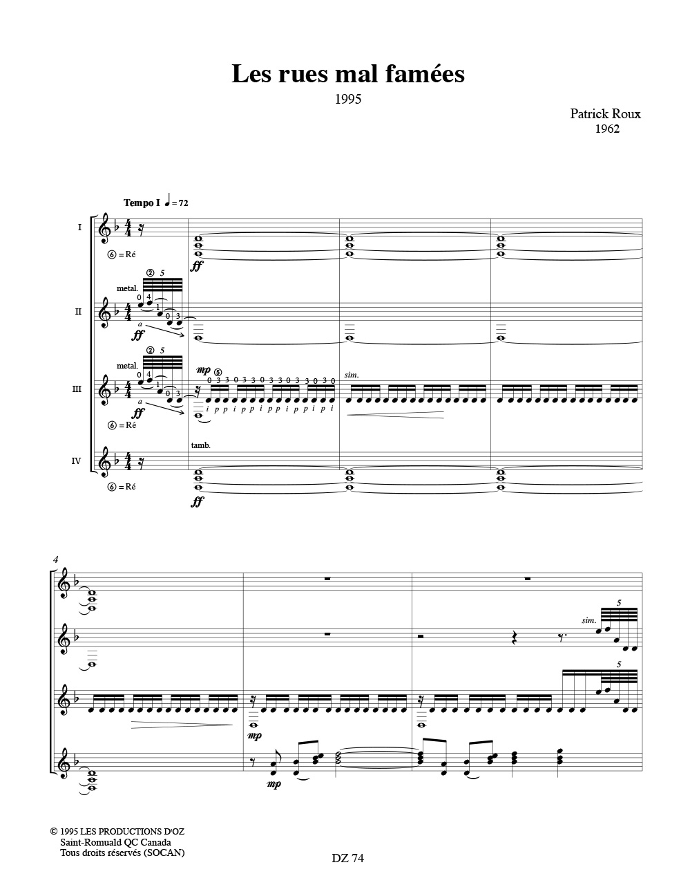 Les Rues Mal Famées - 4 Guitares - Patrick Roux - Partition