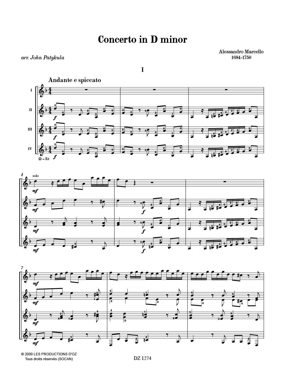 Concerto In D Minor - Alessandro Marcello - Partition