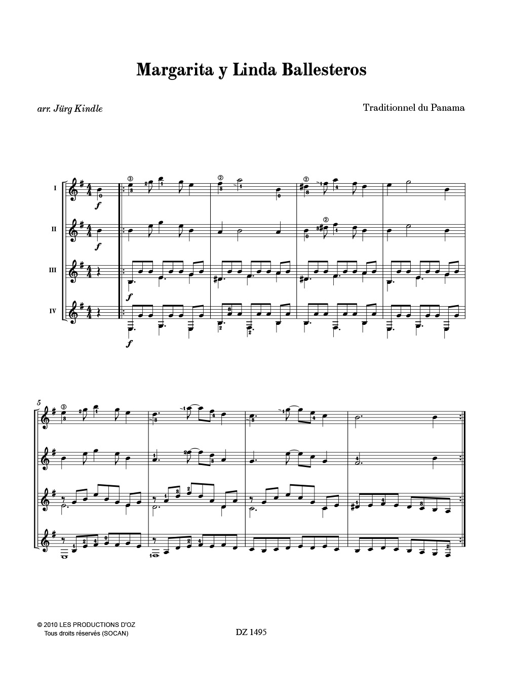 Musique Facile pour 4 Guitares : Panama - Traditionnel - Partition