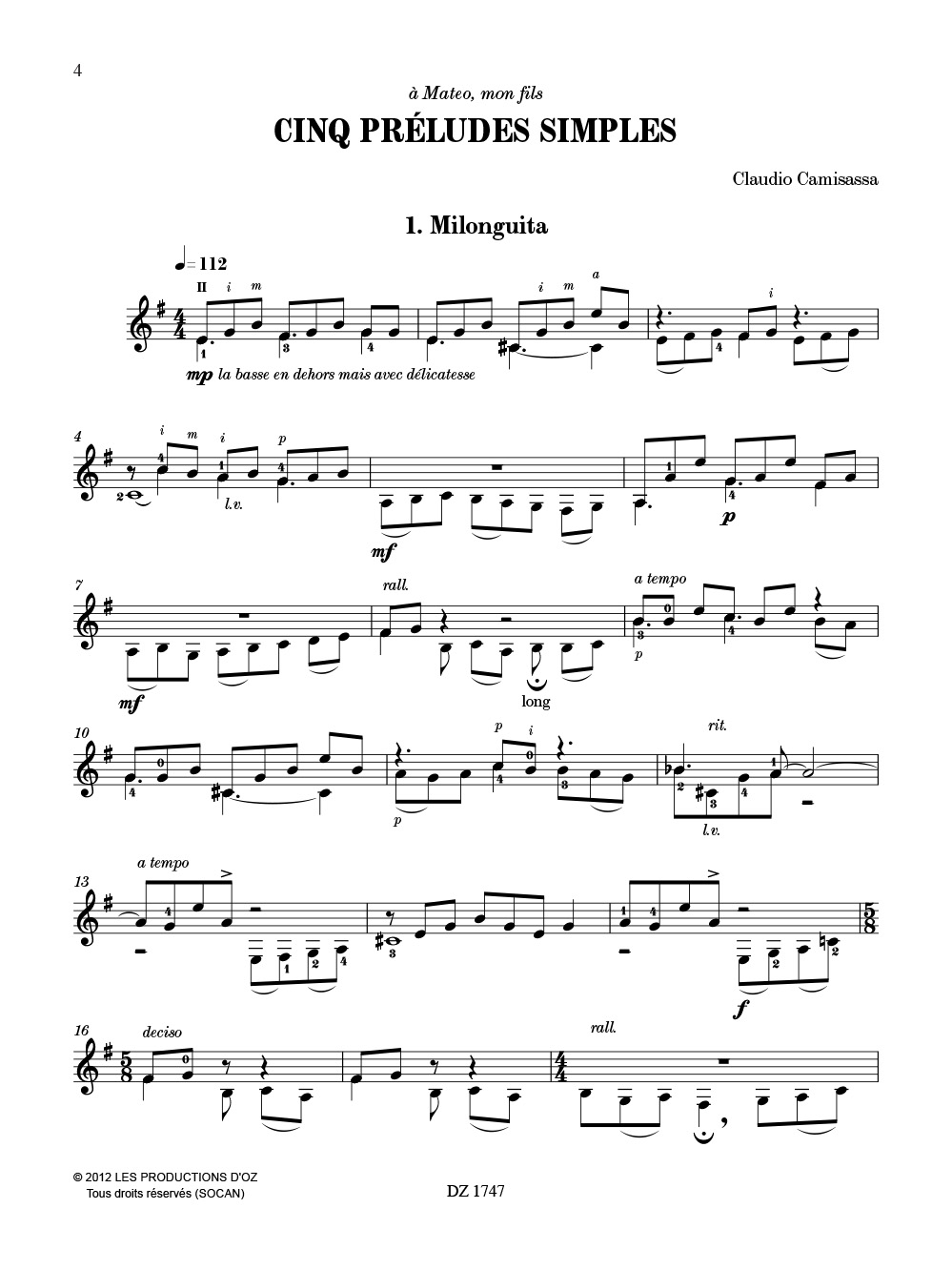 Cinq Préludes Simples - Claudio Camisassa - Partition - Guitare