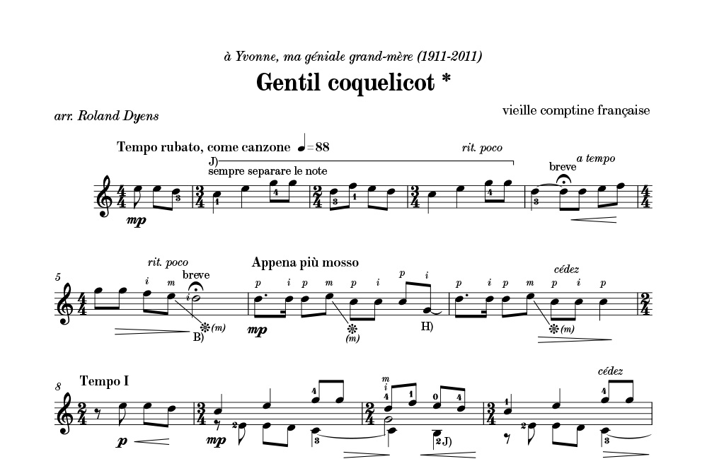 Gentil coquelicot - Roland Dyens - Partition