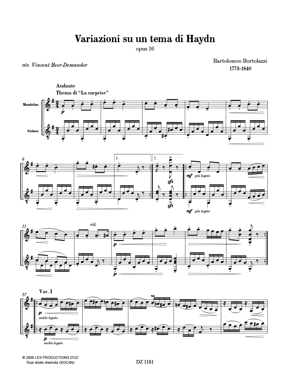 Variazioni su un tema di Haydn - Bartolomeo Bortolazzi - Partition
