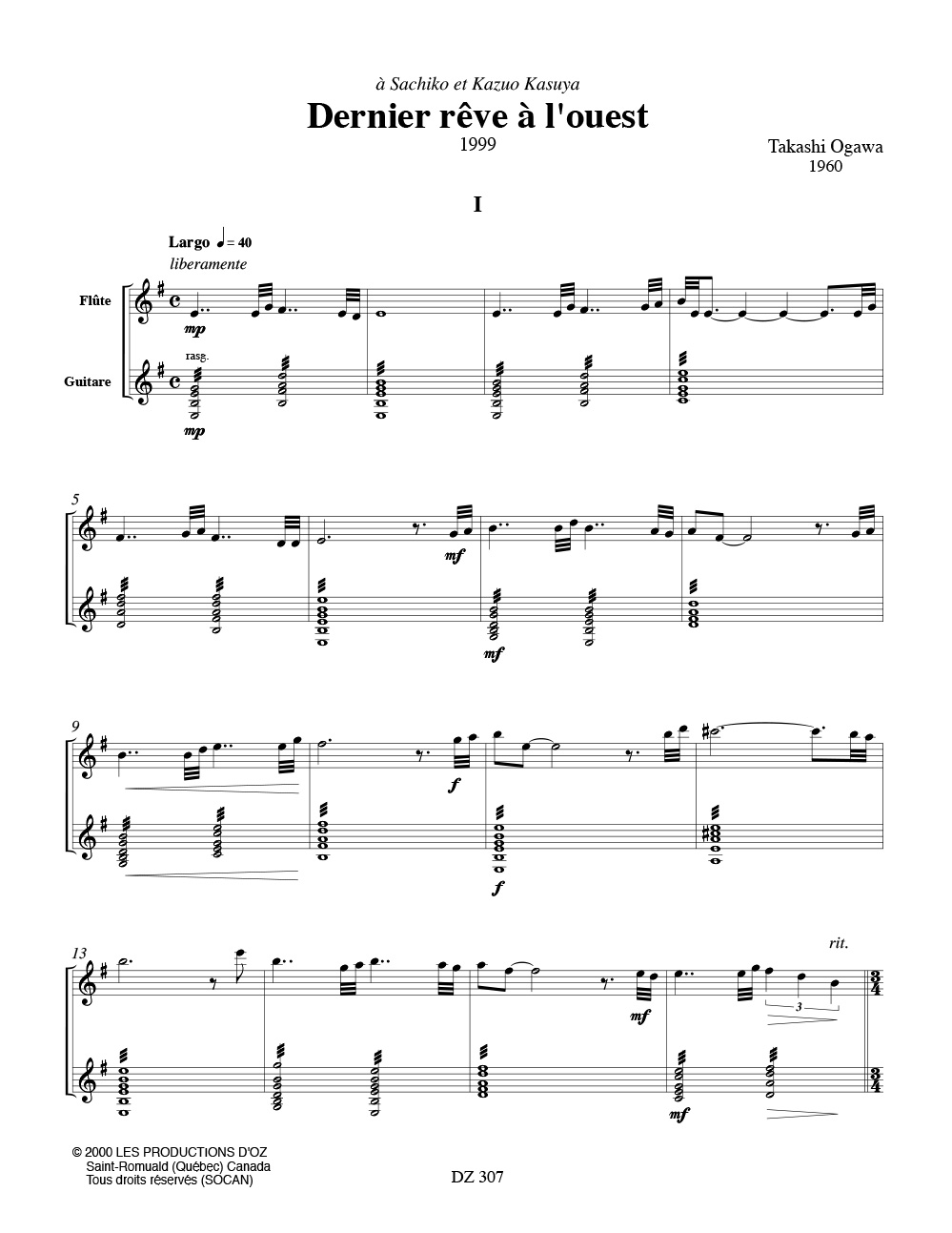 Dernier rêve à l'ouest - Takashi Ogawa - Partition