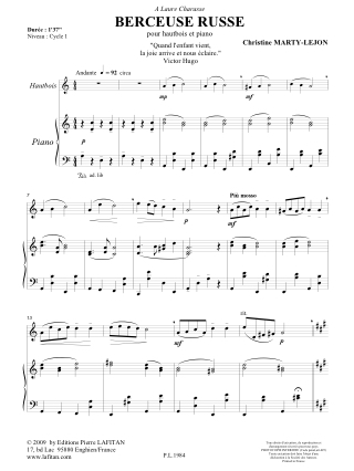 Berceuse Russe - Hautbois/Piano - Christine Marty-Lejon - Partition
